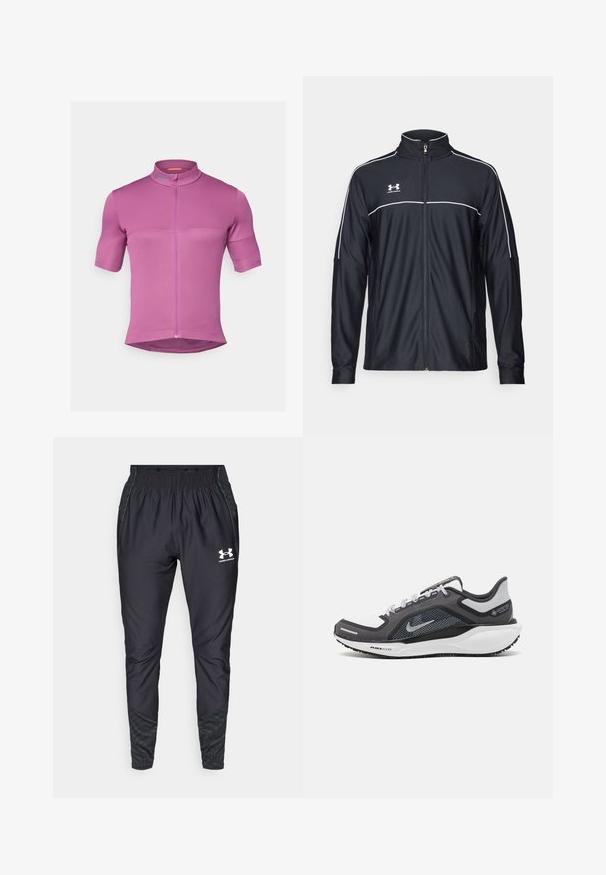 Black athletic jacket made of smooth fabric, featuring a high collar, full zipper, and white piping along the shoulders and chest.; Short-sleeve cycling jersey in vibrant pink with a half-zip front, ribbed texture, and contrasting logo on the collar.; Under Armour PRO PANT - Tracksuit bottoms - black/white; Black and gray athletic shoe with a mesh upper, reflective accents, and a white midsole. Features textured rubber outsole and laces.