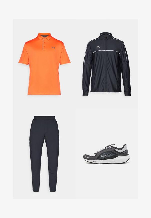 Jachetă sport neagră dintr-un material neted, cu guler înalt, fermoar complet și dungi albe pe umeri și piept.; Polo de culoare portocalie, cu mâneci scurte, guler clasic și o deschidere cu trei butoni. Prezintă o textură subtilă și un mic logo gri pe piept.; Pantaloni sportivi negri cu o textură fină, croială slim, talie elastică și buzunare laterale. Prezentă un mic logo pe coapsa stângă.; Încălțăminte sport neagră și gri, cu partea superioară din plasă, accente reflectorizante și o talpă intermediară albă. Dispune de o talpă din cauciuc texturat și șireturi.