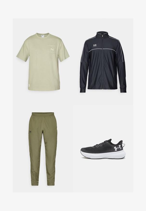 Sort atletisk jakke lavet af glat stof, med høj krave, fuld lynlås og hvide piping langs skuldrene og brystet.; Lys grøn strukturert t-shirt med korte ærmer, rund halsudskæring, lomme foran og et lille broderet logo på brystet. Kan maskinvaskes.; Olivenfarvede træningsbukser med elastisk talje, tapered ben, en glat tekstur og et lille sort logo på venstre side.; Sorte atletik sko med en struktureret mesh-overdel, hvid dæmpende sål og sorte snørebånd, der har et fremtrædende hvidt logo på hælen.