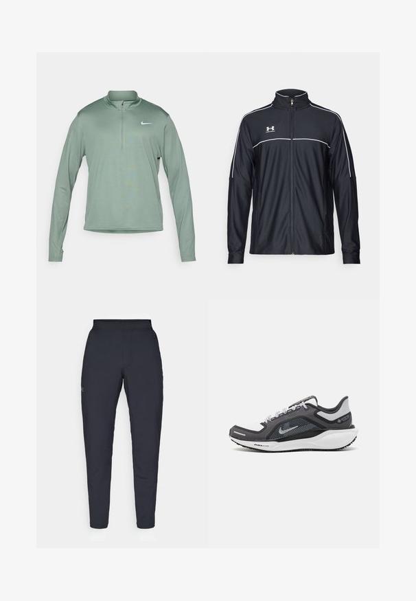Schwarze Sportjacke aus glattem Material, mit hohem Kragen, durchgehendem Reißverschluss und weißen Paspeln entlang der Schultern und der Brust.; Hellgrüner Langarm-Quarter-Zip-Pullover aus dehnbarem Material; mit einem kleinen weißen Nike-Logo auf der Brust.; Schwarze Sporthose mit glatter Textur, schlankem Schnitt, elastischem Bund und seitlichen Taschen. Mit einem kleinen Logo auf dem linken Oberschenkel.; Schwarzer und grauer Sportschuh mit einem Mesh-Obermaterial, reflektierenden Akzenten und einer weißen Zwischensohle. Verfügt über eine strukturierte Gummisohle und Schnürsenkel.