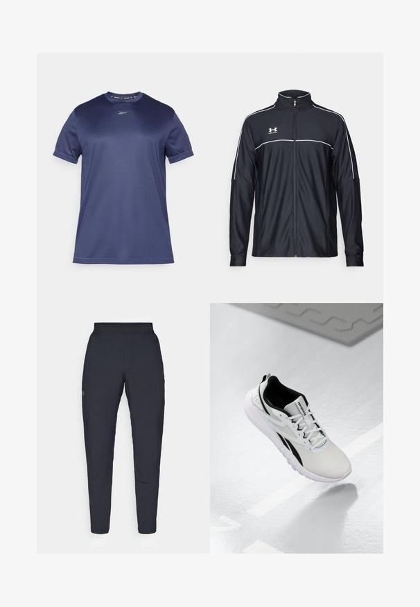 Fekete sportdzseki sima szövetből, magas nyakkal, teljes cipzárral és fehér díszítéssel a vállakon és a mellkason.; Sötétkék, rövid ujjú sportpóló sima, rugalmas anyagból. Kerek nyakkivágással és diszkrét logóval a mellkason.; Fekete sportnadrág sima textúrával, karcsú szabással, rugalmas derékrésszel és oldalzsebekkel. A bal combján egy kis logó található.; Világosszürke sportcipő fekete részletekkel, texturált hálós felsőrésszel, párnázott talppal és fűzős záródással. Sarka hátul húzófüllel rendelkezik.