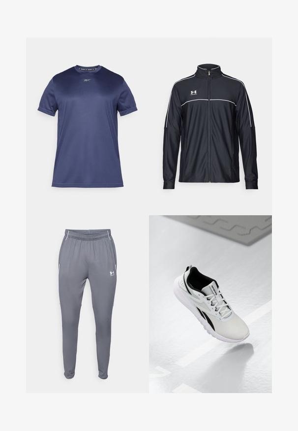 Juodas sportinis džemperis, pagamintas iš lygaus audinio, turintis aukštą apykaklę, pilną užtrauktuką ir baltą apvadą palei pečius ir krūtinę.; Tamsiai mėlynas trumpomis rankovėmis sportinis marškinėliai, pagaminti iš sklandaus, tampraus audinio. Turi apvalų iškirpimą ir subtilų logotipą ant krūtinės.; Pilkos sportinės kelnės su elastingu juosmeniu, šoninėmis kišenėmis ir baltais akcentais. Pagamintos iš lygios, lengvos medžiagos.; Šviesiai pilki sportiniai batai su juodais akcentais, tekstūruota tinklinė viršutinė dalis, paminkštintas padas ir raišteliais užsegamas užsegimas. Yra kulno traukimo kilpelė.