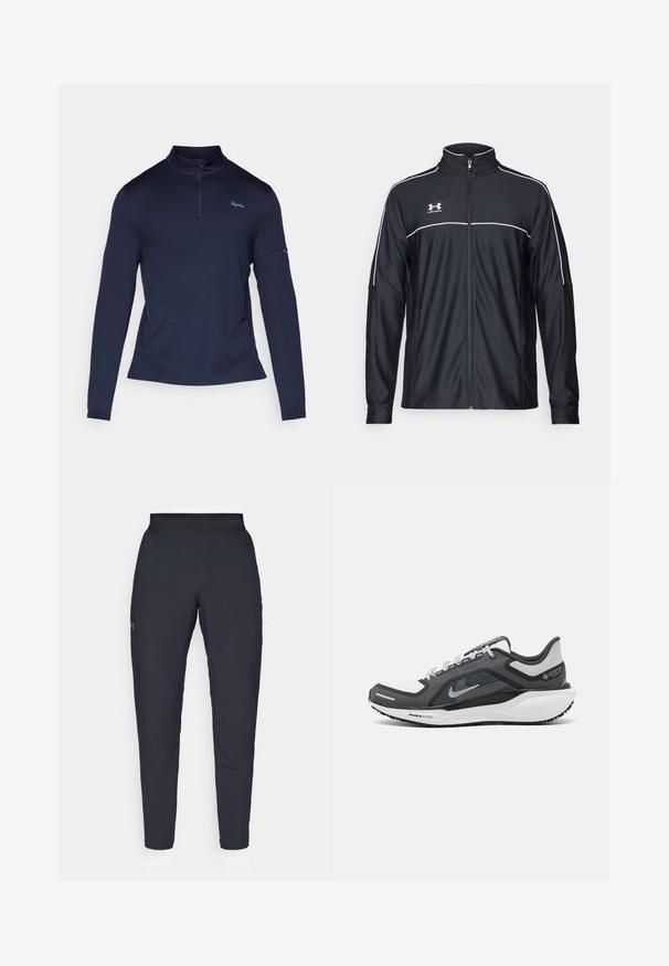 Black athletic jacket made of smooth fabric, featuring a high collar, full zipper, and white piping along the shoulders and chest.; Rapha MENS ACTIVE HALF ZIP - Long sleeved top - dark navy/dark grey; Black athletic pants with a smooth texture, slim fit, elastic waistband, and side pockets. Features a small logo on the left thigh.; Black and gray athletic shoe with a mesh upper, reflective accents, and a white midsole. Features textured rubber outsole and laces.