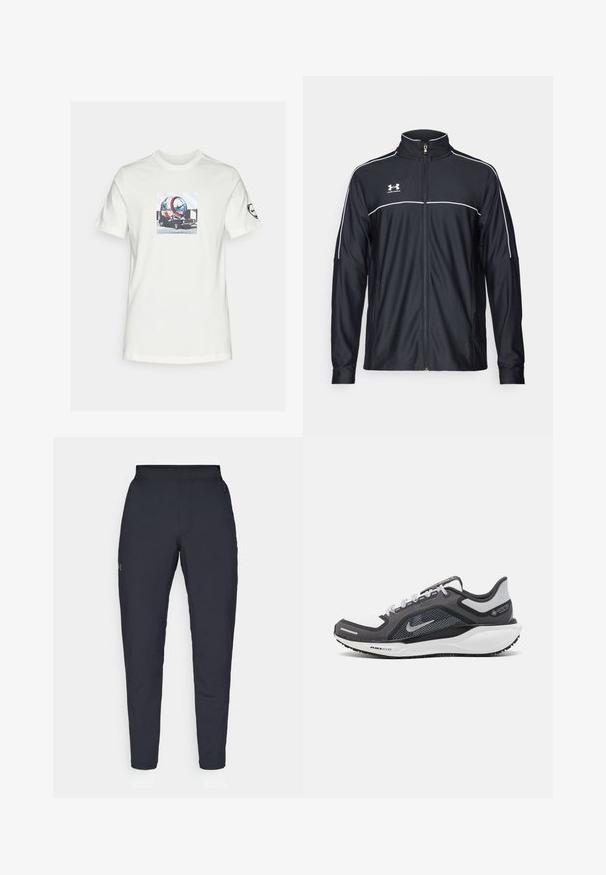 Veste de sport noire en tissu lisse, avec un col haut, une fermeture éclair intégrale et des empiècements blancs le long des épaules et de la poitrine.; T-shirt en coton blanc avec un imprimé graphique d'un véhicule futuriste au design circulaire, présenté sur un fond géométrique bleu clair.; Pantalons de sport noirs avec une texture lisse, coupe slim, taille élastique et poches latérales. Présente un petit logo sur la cuisse gauche.; Baskets de sport noires et grises avec un empeigne en maille, des accents réfléchissants et un intermédiaire blanc. Comprend une semelle extérieure en caoutchouc texturé et des lacets.