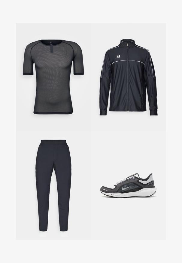 Svart treningsjakke laget av glatt stoff, med høy krage, full glidelås og hvite detaljer langs skuldrene og brystet.; Svart mesh t-skjorte med kort erm, rund hals og subtil tekstur. Har forsterkede sømmer og et lite logomerke nær kragen.; Sorte treningbukser med glatt tekstur, smal passform, elastisk midjebånd og sidelommer. Har en liten logo på venstre lår.; Svart og grå atletisk sko med mesh-overdel, refleksdetaljer og hvit mellomsåle. Har strukturert gummisåle og lisser.