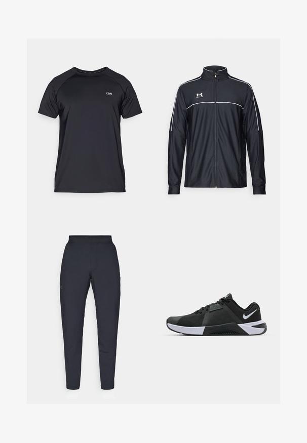 Svart treningsjakke laget av glatt stoff, med høy krage, full glidelås og hvite detaljer langs skuldrene og brystet.; Svart kortermet atletisk t-skjorte laget av glatt, fukttransporterende stoff, med rund hals og en liten logo på brystet.; Sorte treningbukser med glatt tekstur, smal passform, elastisk midjebånd og sidelommer. Har en liten logo på venstre lår.; Nike Performance METCON 10 - Treningssko - black/white/anthracite