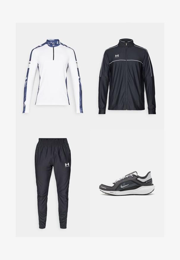Juodas sportinis džemperis, pagamintas iš lygaus audinio, turintis aukštą apykaklę, pilną užtrauktuką ir baltą apvadą palei pečius ir krūtinę.; Ilgaaugiai sportiniai marškiniai, balti su mėlynomis raštuotomis rankovėmis, aukštu apykakle ir 1/4 užtrauktuku. Yra kontrastuojančios juodos juostos ant rankovių.; Under Armour PRO PANT - Treningo apatinė dalis - black/white; Juodas ir pilkas sportinis batelis su tinkleliu viršuje, atspindinčiais akcentais ir balta vidurinė dalimi. Yra tekstūruota guminė išorinė pada ir raišteliai.