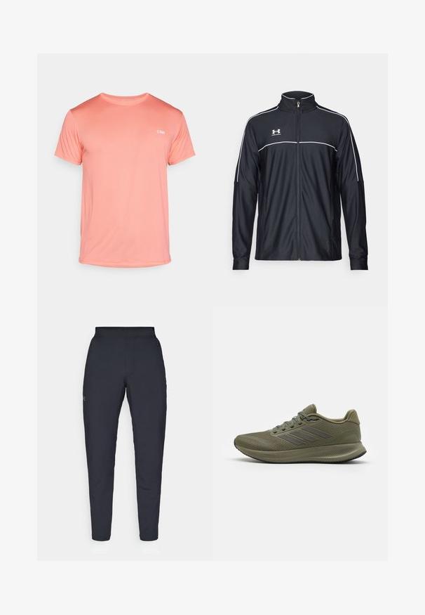 Svart treningsjakke laget av glatt stoff, med høy krage, full glidelås og hvite detaljer langs skuldrene og brystet.; Lyse korallfarget t-skjorte med korte ermer laget av teksturert stoff, med rund hals og en liten logo i hvitt på brystet.; Sorte treningbukser med glatt tekstur, smal passform, elastisk midjebånd og sidelommer. Har en liten logo på venstre lår.; Grønne joggesko med et teksturert mesh-overtrekk, tre grå striper på siden, og en polstret såle. Har lisser og en polstret krage.