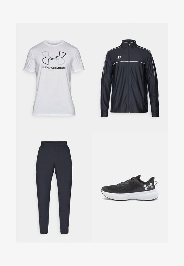 Svart treningsjakke laget av glatt stoff, med høy krage, full glidelås og hvite detaljer langs skuldrene og brystet.; Hvit bomull T-skjorte med korte ermer, med et stort svart og lys blått Under Armour-logo på forsiden. Glatt tekstur, klassisk passform.; Sorte treningbukser med glatt tekstur, smal passform, elastisk midjebånd og sidelommer. Har en liten logo på venstre lår.; Sorte joggesko med en teksturert mesh-overdel, hvit dempesåle og svarte lisser, med en fremtredende hvit logo på hælen.