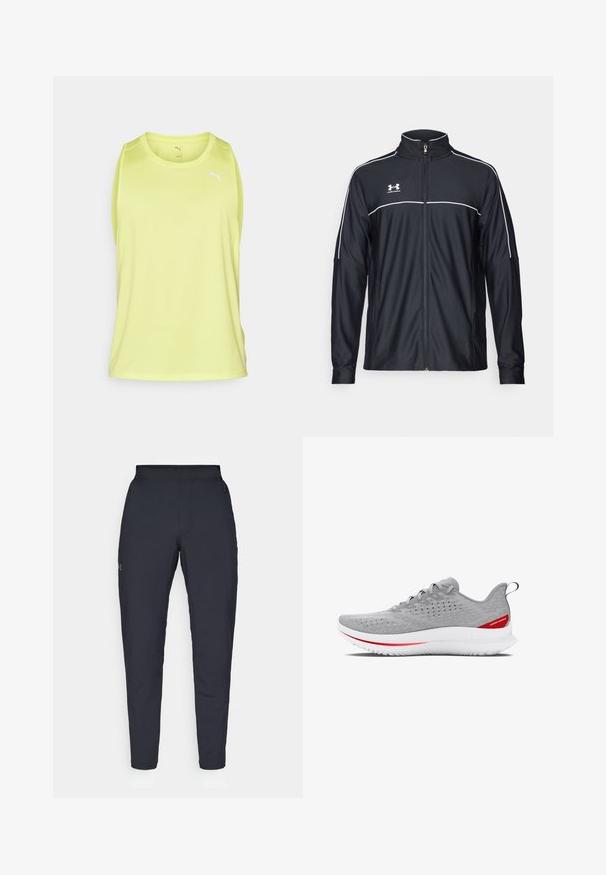 Chaqueta deportiva negra de tejido suave, con un alto cuello, cremallera completa y ribetes blancos en los hombros y el pecho.; Camiseta sin mangas de color verde lima, fabricada en tejido ligero, con cuello redondo y logo blanco en el pecho. Textura suave.; Pantalones deportivos negros con una textura suave, corte ajustado, cinturilla elástica y bolsillos laterales. Presentan un pequeño logo en el muslo izquierdo.; Zapatilla de running gris claro con parte superior de malla con patrón, media suela blanca con un acento rojo y suela texturizada para agarre.