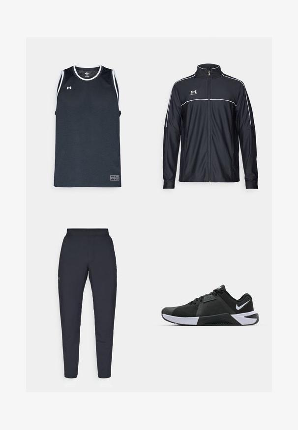 Fekete sportdzseki sima szövetből, magas nyakkal, teljes cipzárral és fehér díszítéssel a vállakon és a mellkason.; Fekete hálós sporttop fehér kiegészítőkkel, kerek nyakkal és ujjatlan kialakítással. Az alján bal oldalon logopatch található.; Fekete sportnadrág sima textúrával, karcsú szabással, rugalmas derékrésszel és oldalzsebekkel. A bal combján egy kis logó található.; Nike Performance METCON 10 - Edzőcipő - black/white/anthracite
