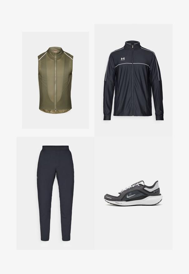 Jaqueta atlética preta feita de tecido liso, com gola alta, fecho éclair completo e detalhes em branco ao longo dos ombros e do peito.; Colete sem mangas em verde-oliva, feito de um tecido leve e texturizado, com um fecho éclair na frente e riscas refletoras nos ombros.; Calças de desporto negras com uma textura suave, corte justo, cintura elástica e bolsos laterais. Apresenta um pequeno logótipo na coxa esquerda.; Sapatilha atlética preta e cinza com parte superior em malha, detalhes reflexivos e uma entressola branca. Apresenta uma sola de borracha texturizada e atacadores.
