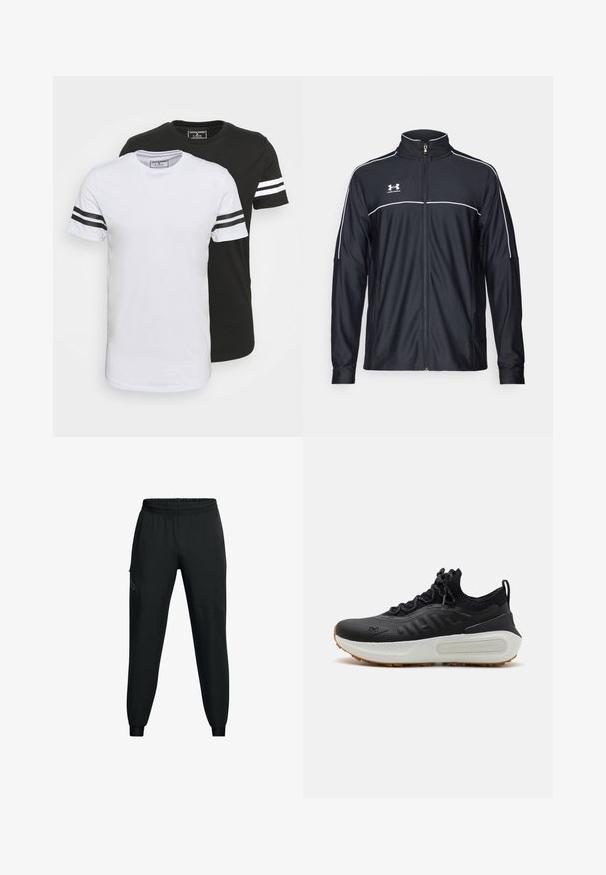 Zwarte sportjack van soepel materiaal, met een hoge kraag, volledige ritssluiting en witte piping langs de schouders en borst.; Twee crewneck T-shirts, eentje wit met zwarte strepen op de mouwen en eentje zwart met witte strepen, gemaakt van zachte katoenen stof.; Zwarte sportbroek met een elastische tailleband, taps toelopend ontwerp, zijzakken en contrasterende paneeldetails. Lichtgewicht, gladde stof.; Zwarte sportieve schoen met een gestructureerde bovenkant, kousachtige kraag, grijze veters en een witte tussenzool met een patroon en een gumrubberen zool.