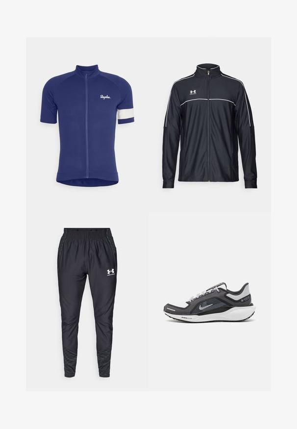 Črna športna jakna iz gladkega blaga, z visokim ovratnikom, polnim zadrgo in belim obrobljanjem ob ramenih in prsih.; Rapha MENS CORE LIGHTWEIGHT - Kolesarski triko - medieval blue/white alyssum; Under Armour PRO PANT - Spodnji deli trenirk - black/white; Črne in sive atletske čevlje z mrežasto zgornjim delom, odsevnimi detajli in belim srednjim podplatom. Imajo strukturiran gumijast podplat in vezalke.
