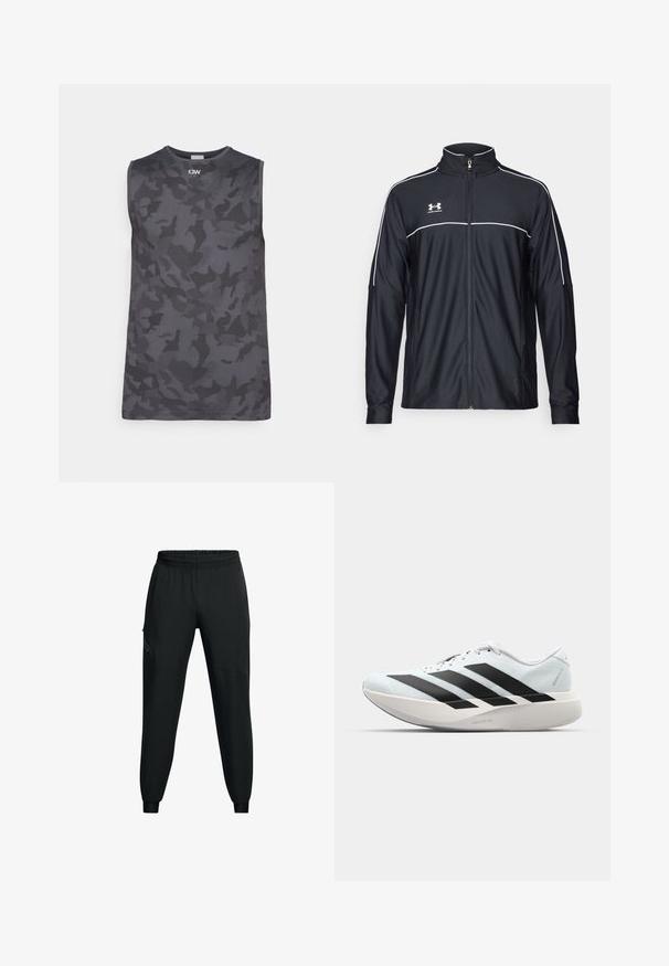 Fekete sportdzseki sima szövetből, magas nyakkal, teljes cipzárral és fehér díszítéssel a vállakon és a mellkason.; Ujjatlan, sötétszürke tank top, amelynek felületén álcázó minta található. Simaságérzetű anyagból készült, kerek nyakú, a közepén egy diszkrét logóval.; Fekete sportnadrág, elasztikus derékpánttal, tapered lábfallal, oldalsó zsebekkel és kontrasztos panel részletekkel. Könnyű, sima anyag.; Világoskék, fekete csíkos könnyű futószerek. Simább felső résszel, kerek orral és vastag fehér középtalppal, amelyen a "LIGHTSTRIKE PRO" felirat olvasható.