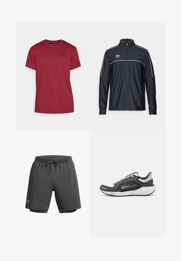 Černá sportovní bunda vyrobena z hladké látky, s vysokým límcem, plným zipem a bílým prošíváním podél ramen a hrudi.; Under Armour LOGO HEAVYWEIGHT - Jednoduché tričko - cardinal/black; Tmavě šedé sportovní šortky s elastickým pasem, nastavitelnou šňůrkou a vnitřním síťovinovým podšívkou; na levé noze se nachází diskrétní branding.; Černá a šedá sportovní obuv s vrškem z prodyšné síťoviny, reflexními akcenty a bílou mezipodešví. Obsahuje texturovanou gumovou podrážku a tkaničky.