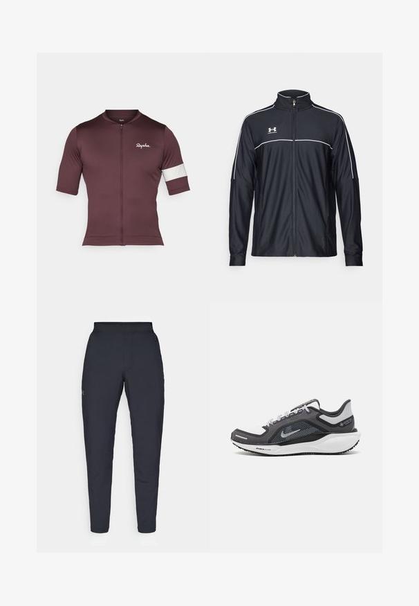 Černá sportovní bunda vyrobena z hladké látky, s vysokým límcem, plným zipem a bílým prošíváním podél ramen a hrudi.; Burgundské cyklistické dres s prodyšnou tkaninou, krátkým zipem, krátkými rukávy a bílým pruhovaným akcentem na rukávu.; Černé sportovní kalhoty s hladkou texturou, slim fit, elastickým pasem a bočními kapsami. Na levém stehně je umístěno malé logo.; Černá a šedá sportovní obuv s vrškem z prodyšné síťoviny, reflexními akcenty a bílou mezipodešví. Obsahuje texturovanou gumovou podrážku a tkaničky.