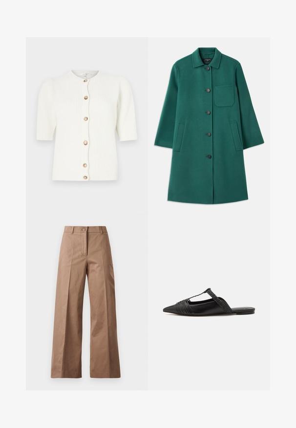 Green wool coat with a collared neckline, button closure, and long sleeves. Features a chest pocket and two side pockets, smooth texture.; White ribbed knitted cardigan, featuring short sleeves and a round neckline, fastened with six cream-colored buttons along the front.; White cropped long-sleeve shirt made of cotton. Features a button-up front, a chest pocket, and a small black logo on the bottom left.; Brown wide-leg trousers made from a smooth fabric, featuring a front button closure, two front pockets, and clean, tailored lines.; Black leather slingback shoe with a pointed toe, featuring a woven accent and pleated upper design. Flat sole with minimal hardware.