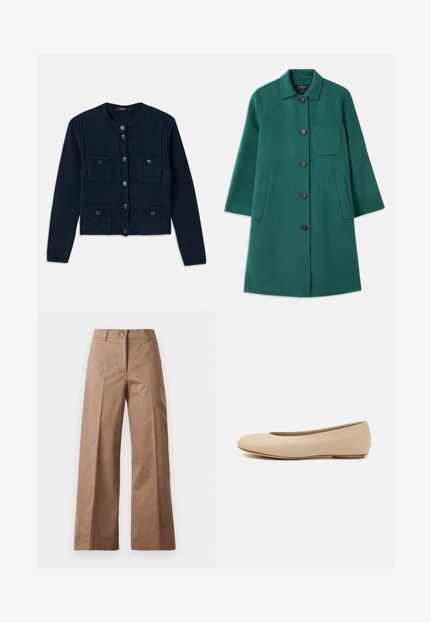 Zielony wełniany płaszcz z kołnierzem, z zapięciem na guziki i długimi rękawami. Posiada kieszeń na piersi oraz dwie kieszenie boczne, gładka tekstura.; Granatowy sweter z dzianiny z okrągłym dekoltem, zapięciem na guziki, prążkowanymi akcentami oraz dwiema przednimi kieszeniami z klapkami.; Biały, krótki, długi rękaw koszuli wykonanej z bawełny. Posiada zapięcie na guziki z przodu, kieszeń na piersi oraz małe czarne logo w lewym dolnym rogu.; Brązowe spodnie szerokie, wykonane z gładkiego materiału, z zamknięciem na guzik z przodu, dwiema przednimi kieszeniami oraz czystymi, dopasowanymi liniami.; Beżowe skórzane baleriny z zaokrąglonym noskiem, minimalnymi szwami, niskim obcasem oraz subtelnym logo z tyłu. Gładka, matowa tekstura.