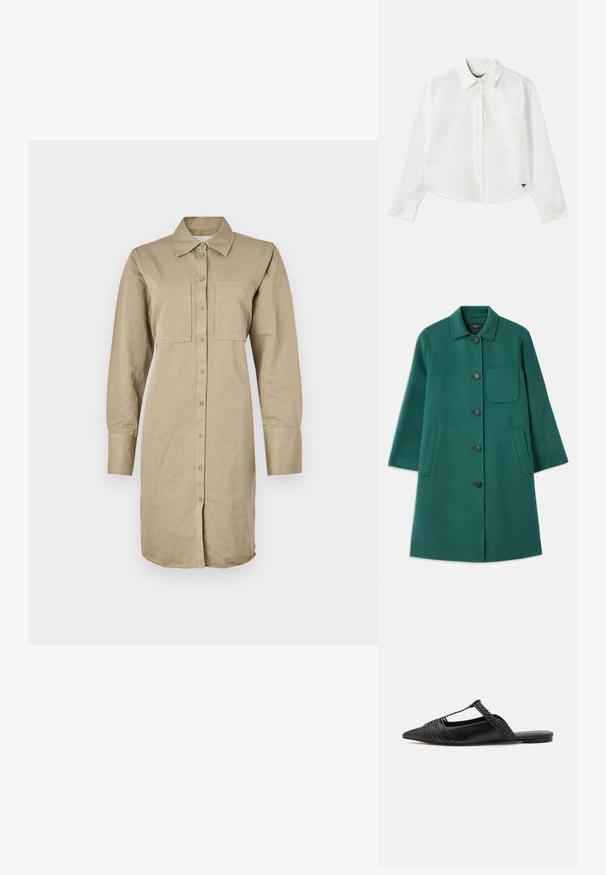 Casaco de lã verde com decote de colarinho, fecho de botão e mangas longas. Possui um bolso no peito e dois bolsos laterais, textura suave.; Vestido camiseiro de manga longa em caqui, feito de algodão, com fecho de botão à frente, dois bolsos no peito e uma bainha curva.; Camisa branca de manga longa cropped em algodão. Apresenta fecho com botões na frente, um bolso no peito e um pequeno logotipo preto no canto inferior esquerdo.; Sapatilha slingback em couro preto com bico pontudo, apresentando um detalhe trançado e um design superior plissado. Sola plana com hardware mínimo.