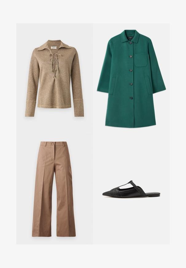 Manteau en laine vert avec un col, fermeture à boutons et manches longues. Comprend une poche poitrine et deux poches latérales, texture lisse.; Haut à manches longues en dentelle doré, avec un col et un tissu texturé et scintillant, à coupe décontractée et avec des poignets cousus.; Pantalons larges marron en tissu lisse, dotés d'une fermeture à bouton à l'avant, de deux poches avant et de lignes nettes et ajustées.; Chaussure en cuir noir à talon ouvert avec un bout pointu, présentant un accent tressé et un design supérieur plissé. Semelle plate avec un matériel minimal.
