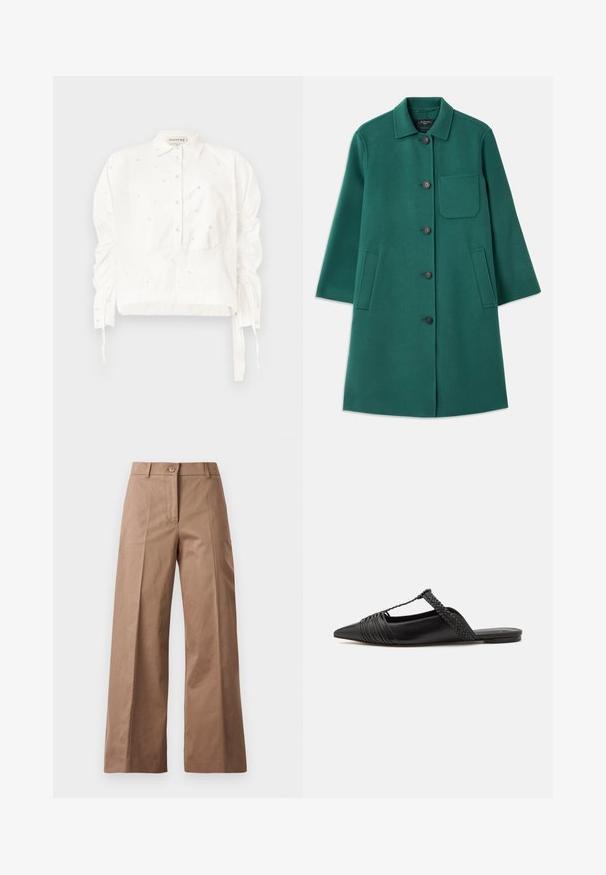 Žalias vilnonis paltas su apykakle, užsegimu mygtukais ir ilgomis rankovėmis. Turi krūtinės kišenę ir dvi šonines kišenes, lygus paviršius.; Balta trumpa medvilninė marškinėlių palaidinė su sagų užsegimu priekyje, raukšlėtomis rankovėmis ir dekoratyviais karoliukais visame rašte.; Rudos plačios kojų kelnės, pagamintos iš lygios medžiagos, su priekiniais mygtukais, dviem priekinėmis kišenėmis ir švariomis, pritaikytomis linijomis.; Juodos odinės slingback bateliai su smailiu pirštu, turintys audinį akcentą ir raukšlėtą viršutinį dizainą. Lygus padas su minimaliais aksesuarais.