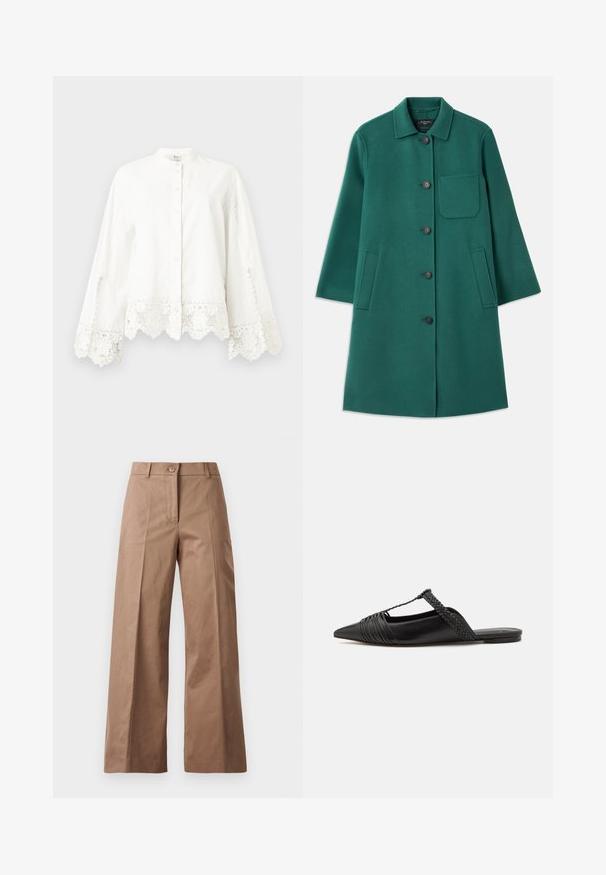 Zelený vlněný kabát s límečkem, zapínáním na knoflíky a dlouhými rukávy. Má náprsní kapsu a dvě boční kapsy, hladká textura.; Bílá košile s dlouhým rukávem a knoflíky, zdobená krajkovým lemem na manžetách a spodním okraji, s mandarínovým límcem a jemným dekorativním prošíváním.; Hnědé kalhoty s širokými nohavicemi vyrobené z hladké tkaniny, s předním zapínáním na knoflík, dvěma předními kapsami a čistými, dobře střiženými liniemi.; Černé kožené slingback boty se špičatou špičkou, s tkaným akcentem a plisovaným designem svršku. Plochá podešev s minimálním kovovým zapínáním.