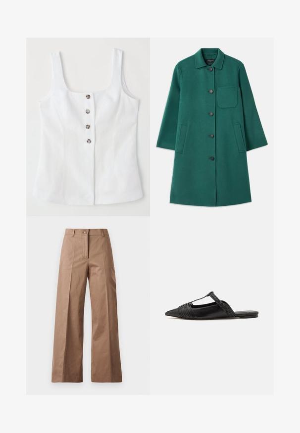Green wool coat with a collared neckline, button closure, and long sleeves. Features a chest pocket and two side pockets, smooth texture.; White linen top with a square neckline, five metallic buttons down the front, and wide shoulder straps. Smooth texture and tailored fit.; Brown wide-leg trousers made from a smooth fabric, featuring a front button closure, two front pockets, and clean, tailored lines.; Black leather slingback shoe with a pointed toe, featuring a woven accent and pleated upper design. Flat sole with minimal hardware.