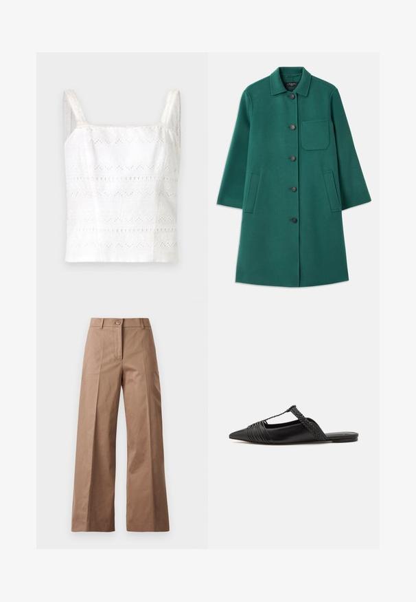 Green wool coat with a collared neckline, button closure, and long sleeves. Features a chest pocket and two side pockets, smooth texture.; White cotton camisole with thin straps, featuring embroidered patterns and cut-out details. Smooth texture, fitted design.; Brown wide-leg trousers made from a smooth fabric, featuring a front button closure, two front pockets, and clean, tailored lines.; Black leather slingback shoe with a pointed toe, featuring a woven accent and pleated upper design. Flat sole with minimal hardware.