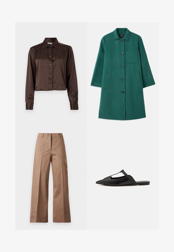 Grüner Wollmantel mit Kragen, Knopfverschluss und langen Ärmeln. Verfügt über eine Brusttasche und zwei Seitentaschen, glatte Textur.; Braunes Satin-Langarmhemd mit spitzem Kragen und durchgehender Knopfleiste vorne. Verkürztes Design und glatte Textur.; Braune weite Hose aus einem glatten Stoff, mit einem Knopfverschluss vorne, zwei Fronttaschen und klaren, maßgeschneiderten Linien.; Schwarzer Leder-Slingback-Schuh mit spitzem Zehenbereich, ausgestattet mit einem geflochtenen Akzent und einem gefalteten Oberdesign. Flache Sohle mit minimalem Zubehör.