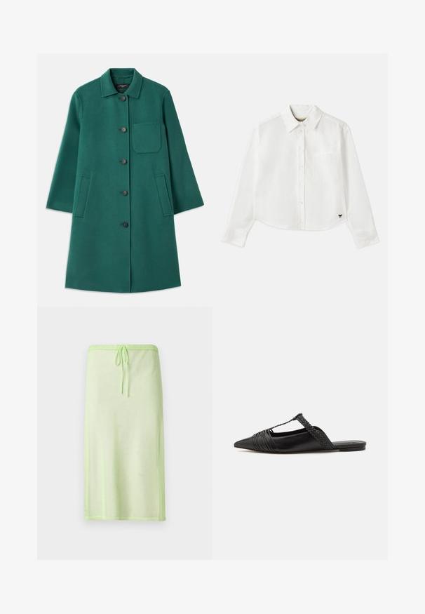 Žalias vilnonis paltas su apykakle, užsegimu mygtukais ir ilgomis rankovėmis. Turi krūtinės kišenę ir dvi šonines kišenes, lygus paviršius.; Baltas trumpas ilgos rankovės marškinėliai, pagaminti iš medvilnės. Turintys sagų priekį, krūtinės kišenę ir mažą juodą logotipą apačioje kairėje pusėje.; Šviesiai žalia permatoma sijonas su įveržimo juosta, lygia tekstūra ir paprastu dizainu. Ilgis siekia žemiau kelių.; Juodos odinės slingback bateliai su smailiu pirštu, turintys audinį akcentą ir raukšlėtą viršutinį dizainą. Lygus padas su minimaliais aksesuarais.