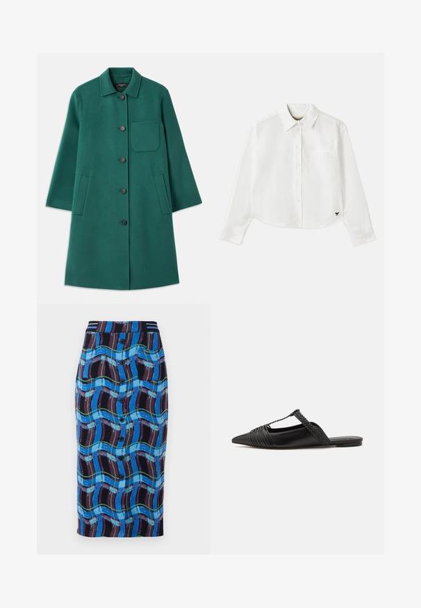 Palton verde din lână cu guler, închidere cu butoane și mâneci lungi. Are un buzunar pe piept și două buzunare laterale, textură netedă.; Cămașă albă cropped cu mânecă lungă din bumbac. Prezentă un închizător cu nasturi în față, un buzunar pe piept și un mic logo negru în partea stângă jos.; Fustă până la genunchi de culoare albastră, cu un model de valuri multicolore, având un elastic negru la talie, nasturi în față și două buzunare laterale.; Pantofii din piele neagră cu curea la spate au vârful ascuțit, prezentând un accent țesut și un design superior pliat. Talpa joasă cu hardware minim.