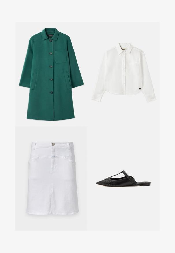 Zelený vlněný kabát s límečkem, zapínáním na knoflíky a dlouhými rukávy. Má náprsní kapsu a dvě boční kapsy, hladká textura.; Bílá zkrácená košile s dlouhým rukávem vyrobená z bavlny. Má zapínání na knoflíky vpředu, náprsní kapsu a malé černé logo na dolním levém rohu.; Bílé denonové sukně se rovnýcm střihem, se dvěma předními kapsami, středovým švem, zapínáním na knoflík a jemnou strukturou.; Černé kožené slingback boty se špičatou špičkou, s tkaným akcentem a plisovaným designem svršku. Plochá podešev s minimálním kovovým zapínáním.
