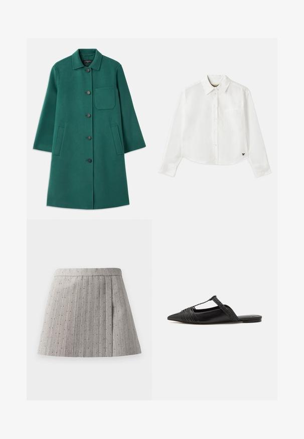 Groene wollen jas met een kraaghalslijn, knoopsluiting en lange mouwen. Heeft een borstzak en twee zijzakken, met een gladde textuur.; Witte, cropped, langemouwen shirt van katoen. Heeft een knoopsluiting aan de voorkant, een borstzak en een klein zwart logo op de linksonder.; Grijs geplooide rok van textuurstof, met verticale strepen en kleine, gelijkmatig verdeelde decoratieve accenten.; Zwarte leren slingback schoen met een puntige neus, voorzien van een gevlochten accent en geplooid ontwerp aan de bovenkant. Platte zool met minimale hardware.