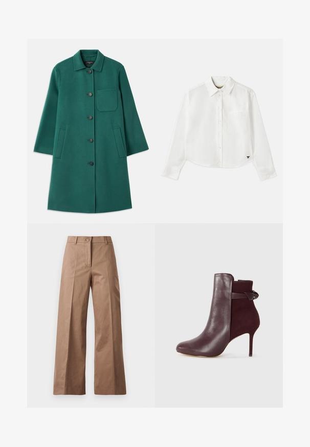 Zelený vlnený kabát s golierom, zapínaním na gombíky a dlhými rukávmi. Obsahuje náprsné vrecko a dve postranné vrecká, hladká textúra.; Biely skrátený dlhý rukáv košeľa vyrobená z bavlny. Má gombíkový predný zapínanie, vrecko na hrudi a malé čierne logo na spodnej ľavej strane.; Hnedé nohavice s širokými nohavicami vyrobené z hladkej látky, s predným zapínaním na gombík, dvoma prednými vreckami a čistými, precízne vykrojenými líniami.; Burgundské členkové topánky s elegantným koženým povrchom a jemnou semišovou nášivkou, s vysokým stiletto podpätkom a mašľovou aplikáciou na zadnej strane.