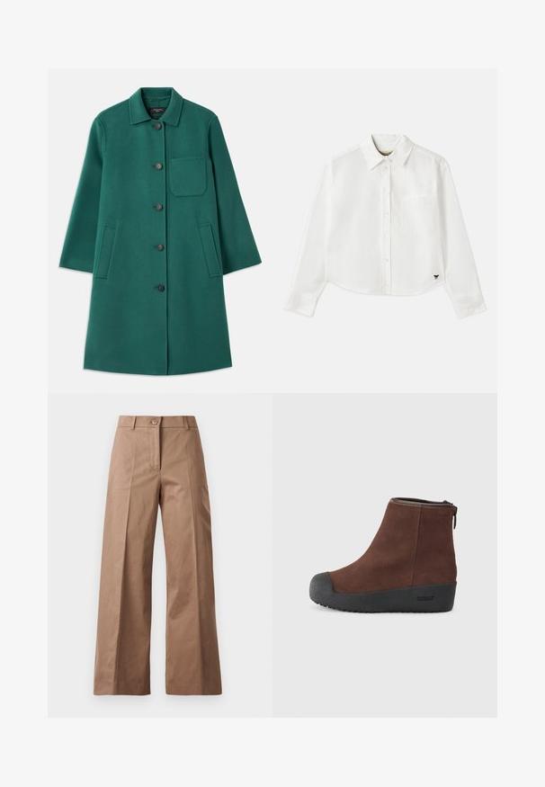 Manteau en laine vert avec un col, fermeture à boutons et manches longues. Comprend une poche poitrine et deux poches latérales, texture lisse.; Chemise blanche à manches longues raccourcie en coton. Elle présente un devant à boutons, une poche sur la poitrine et un petit logo noir en bas à gauche.; Pantalons larges marron en tissu lisse, dotés d'une fermeture à bouton à l'avant, de deux poches avant et de lignes nettes et ajustées.; Bottine en suède marron avec un bout rond, une semelle en caoutchouc noir texturé, et une fermeture éclair sur le côté. Marquage discret sur le talon et près de la fermeture éclair.