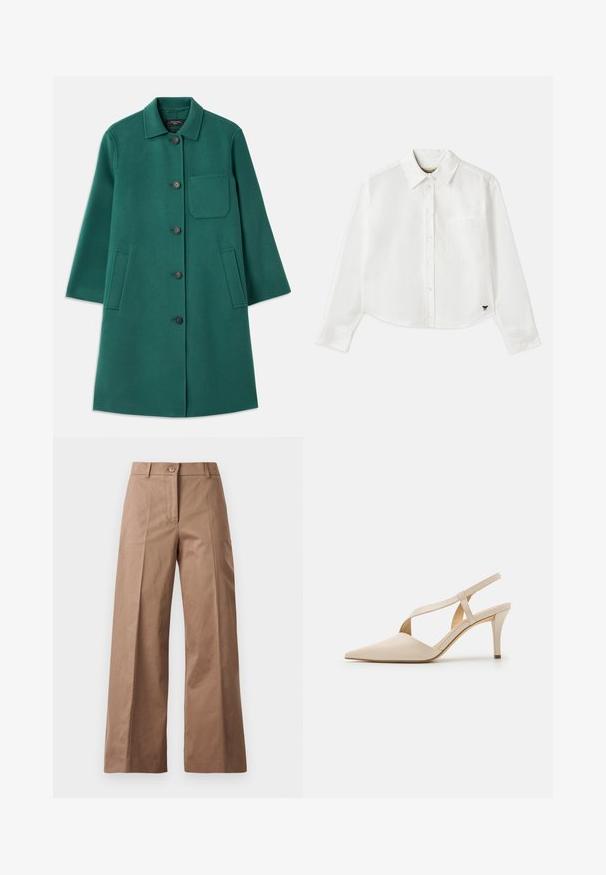 Žalias vilnonis paltas su apykakle, užsegimu mygtukais ir ilgomis rankovėmis. Turi krūtinės kišenę ir dvi šonines kišenes, lygus paviršius.; Baltas trumpas ilgos rankovės marškinėliai, pagaminti iš medvilnės. Turintys sagų priekį, krūtinės kišenę ir mažą juodą logotipą apačioje kairėje pusėje.; Rudos plačios kojų kelnės, pagamintos iš lygios medžiagos, su priekiniais mygtukais, dviem priekinėmis kišenėmis ir švariomis, pritaikytomis linijomis.; Bežinės šliurbės su smailiu noseliu. Pagamintos iš lygios medžiagos, su liesa kulniuku ir kryžminiais dirželiais, užtikrinančiais tvirtą prigludimą.