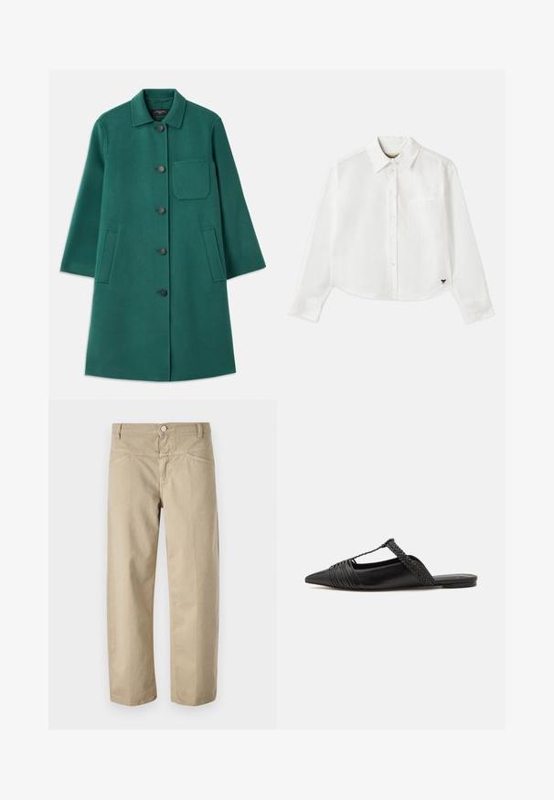 Vihreä villa-takki, jossa on kauluspään muotoilu, nappisuljenta ja pitkät hihat. Sisältää rintataskun ja kaksi sivutaskua, sileä tekstuuri.; Valkoinen lyhytcroppinen pitkähihainen paita, joka on valmistettu puuvillasta. Siinä on nappisuljenta edessä, rintatasku ja pieni musta logo vasemmassa alakulmassa.; Beige puuvillapantsit, joissa on suora lahje, etupainokknappi suljenta ja minimisetomus yksityiskohdat vyötärön ja taskujen ympärillä.; Musta nahkasandaali, jossa on terävä kärki, somistettuna kudotulla yksityiskohdalla ja pleatatuilla yläosilla. Litteä pohja, jossa on vähäisiä tarvikkeita.