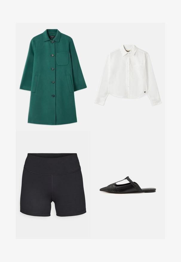 Roheline villane jakk, millel on krae, nööbiga kinnitatav ja pikad varrukad. Omab rinnaTaskut ja kahte küljetaskut, sile tekstuur.; Valge lühikesed varrukad puuvillane särk. Omab nööbiga esist, rinna taskut ning väikest musta logo all vasakul.; Champion TRAINING SOFT TOUCH BIKER SHORTS - Retuusid - black; Must kuulsad nahast kandadega kingad, millel on terav nina, koos kootud detaili ja volditud ülaosaga. Lame tald minimaalse riistvaraga.