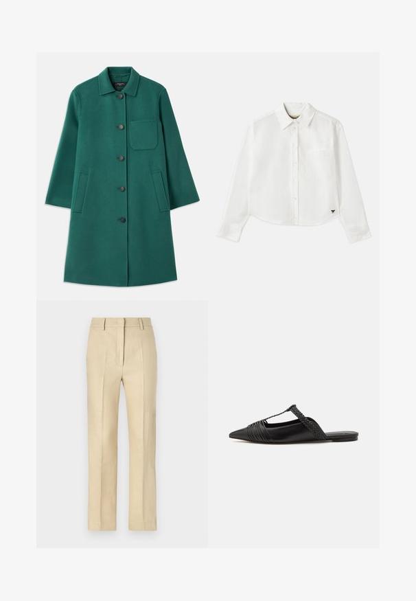 Zelený vlnený kabát s golierom, zapínaním na gombíky a dlhými rukávmi. Obsahuje náprsné vrecko a dve postranné vrecká, hladká textúra.; Biely skrátený dlhý rukáv košeľa vyrobená z bavlny. Má gombíkový predný zapínanie, vrecko na hrudi a malé čierne logo na spodnej ľavej strane.; Bežové nohavice na mieru so straight leg strihom, vyrobené z textúrovanej tkaniny, s jemnými záhybmi a zipsom na prednej strane.; Čierne kožené sandále so špičatou špičkou, ktoré majú tkaný detail a zborený dizajn vrchnej časti. Plochá podrážka s minimálnym hardvérom.