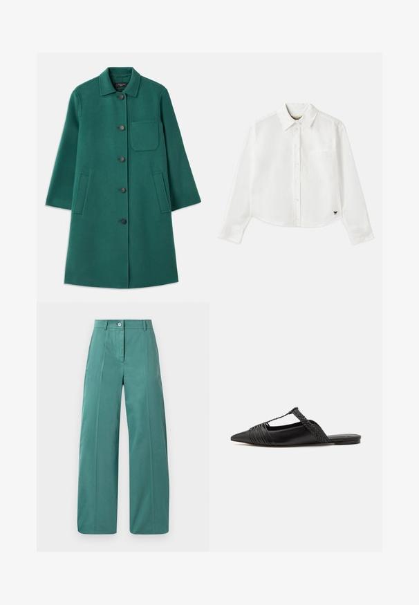 Manteau en laine vert avec un col, fermeture à boutons et manches longues. Comprend une poche poitrine et deux poches latérales, texture lisse.; Chemise blanche à manches longues raccourcie en coton. Elle présente un devant à boutons, une poche sur la poitrine et un petit logo noir en bas à gauche.; Pantalons larges en tissu teal doux, avec une fermeture à bouton à l'avant, des plis marqués et une texture lisse. Design ajusté avec des accents minimaux.; Chaussure en cuir noir à talon ouvert avec un bout pointu, présentant un accent tressé et un design supérieur plissé. Semelle plate avec un matériel minimal.