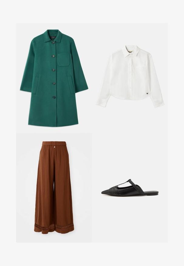 Manteau en laine vert avec un col, fermeture à boutons et manches longues. Comprend une poche poitrine et deux poches latérales, texture lisse.; Chemise blanche à manches longues raccourcie en coton. Elle présente un devant à boutons, une poche sur la poitrine et un petit logo noir en bas à gauche.; Pantalons bruns à jambes larges en tissu texturé, avec une taille froncée et des détails en dentelle au bas.; Chaussure en cuir noir à talon ouvert avec un bout pointu, présentant un accent tressé et un design supérieur plissé. Semelle plate avec un matériel minimal.