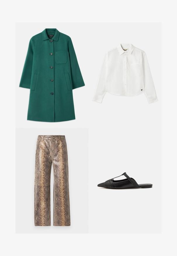 Groene wollen jas met een kraaghalslijn, knoopsluiting en lange mouwen. Heeft een borstzak en twee zijzakken, met een gladde textuur.; Witte, cropped, langemouwen shirt van katoen. Heeft een knoopsluiting aan de voorkant, een borstzak en een klein zwart logo op de linksonder.; Slangenprint broek in bruin en beige, met een wijd uitlopende ontwerp, zachte textuur en contrasterende patroonstof voor een gedurfde uitstraling.; Zwarte leren slingback schoen met een puntige neus, voorzien van een gevlochten accent en geplooid ontwerp aan de bovenkant. Platte zool met minimale hardware.