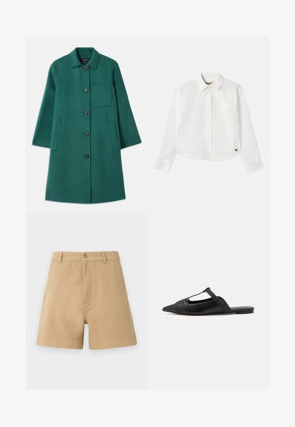 Zielony wełniany płaszcz z kołnierzem, z zapięciem na guziki i długimi rękawami. Posiada kieszeń na piersi oraz dwie kieszenie boczne, gładka tekstura.; Biały, krótki, długi rękaw koszuli wykonanej z bawełny. Posiada zapięcie na guziki z przodu, kieszeń na piersi oraz małe czarne logo w lewym dolnym rogu.; Beżowe szorty wykonane z bawełny, charakteryzujące się klasycznym designem z guzikiem z przodu i szlufkami na pasek. Gładka tekstura z bocznymi kieszeniami.; Czarny skórzany but na odkrytej pięcie z pointed toe, ozdobiony plecionym akcentem i plisowanym wzorem górnej części. Płaska podeszwa z minimalnymi elementami.
