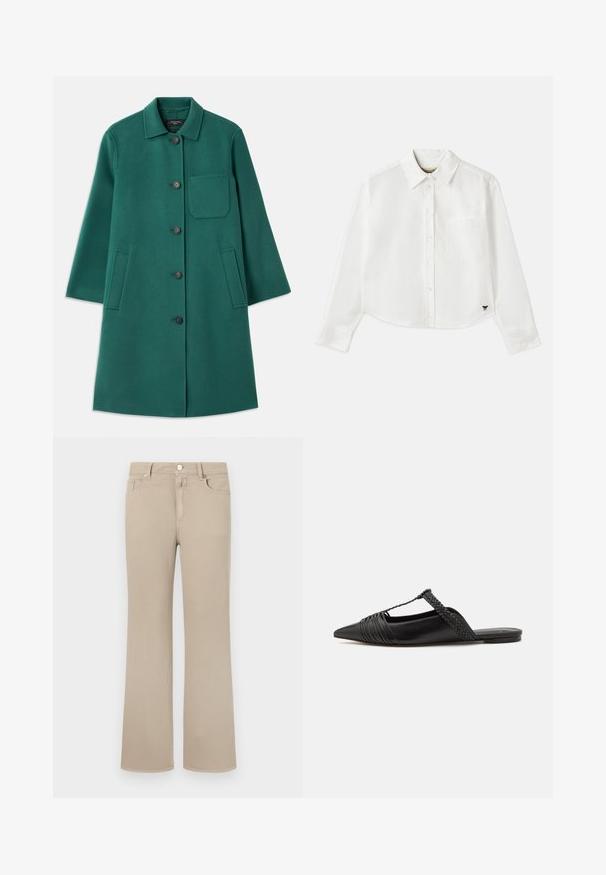 Green wool coat with a collared neckline, button closure, and long sleeves. Features a chest pocket and two side pockets, smooth texture.; White cropped long-sleeve shirt made of cotton. Features a button-up front, a chest pocket, and a small black logo on the bottom left.; Beige flared jeans made of soft cotton. Features a classic five-pocket design, button closure, and neat stitching along the edges.; Black leather slingback shoe with a pointed toe, featuring a woven accent and pleated upper design. Flat sole with minimal hardware.