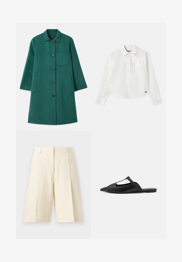 Grön ullkappa med krage, knappstängning och långa ärmar. Har en bröstficka och två sidfickor, slät textur.; Vit kortärmad skjorta med lång ärm i bomull. Har en knapp-up framsida, en bröstficka och en liten svart logotyp längst ner till vänster.; Beige vida shorts med skräddarsytt design, med veck, dragkedja och bälteshällor. Slät tyg med en ren finish.; Svart läderslingback-sko med spetsig tå, med en vävd detalj och plisserad överdel. Platt sula med minimal hårdvara.