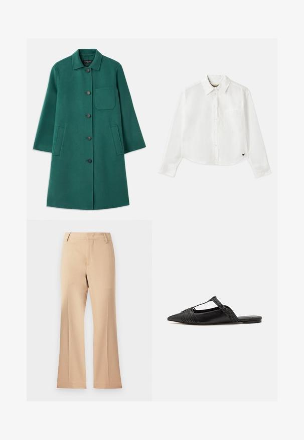 Zelený vlnený kabát s golierom, zapínaním na gombíky a dlhými rukávmi. Obsahuje náprsné vrecko a dve postranné vrecká, hladká textúra.; Biely skrátený dlhý rukáv košeľa vyrobená z bavlny. Má gombíkový predný zapínanie, vrecko na hrudi a malé čierne logo na spodnej ľavej strane.; Béžové široké nohavice s hladkou textúrou, s stredným pásom a čistými prednými záhybmi. Jednoduchý dizajn, žiadne viditeľné ozdoby.; Čierne kožené sandále so špičatou špičkou, ktoré majú tkaný detail a zborený dizajn vrchnej časti. Plochá podrážka s minimálnym hardvérom.