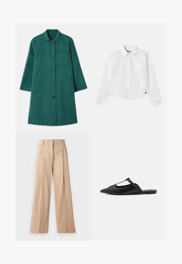 Groene wollen jas met een kraaghalslijn, knoopsluiting en lange mouwen. Heeft een borstzak en twee zijzakken, met een gladde textuur.; Witte, cropped, langemouwen shirt van katoen. Heeft een knoopsluiting aan de voorkant, een borstzak en een klein zwart logo op de linksonder.; Licht beige wijde broek van glad, lichtgewicht stof. Kenmerkend zijn de plooien aan de voorkant, een op maat gemaakte tailleband en een rechte snit.; Zwarte leren slingback schoen met een puntige neus, voorzien van een gevlochten accent en geplooid ontwerp aan de bovenkant. Platte zool met minimale hardware.