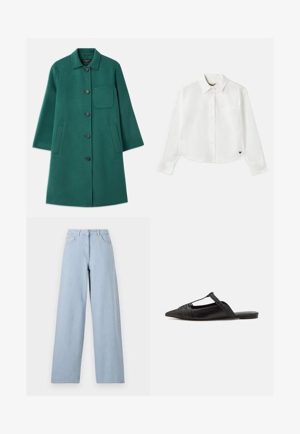 Grön ullkappa med krage, knappstängning och långa ärmar. Har en bröstficka och två sidfickor, slät textur.; Vit kortärmad skjorta med lång ärm i bomull. Har en knapp-up framsida, en bröstficka och en liten svart logotyp längst ner till vänster.; REMAIN COCOON PANTS - Wide leg - light blue; Svart läderslingback-sko med spetsig tå, med en vävd detalj och plisserad överdel. Platt sula med minimal hårdvara.