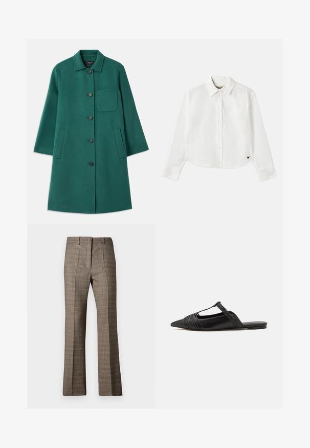Green wool coat with a collared neckline, button closure, and long sleeves. Features a chest pocket and two side pockets, smooth texture.; White cropped long-sleeve shirt made of cotton. Features a button-up front, a chest pocket, and a small black logo on the bottom left.; Brown plaid trousers with a straight leg cut, featuring a textured fabric and subtle colors of beige and darker browns throughout the pattern.; Black leather slingback shoe with a pointed toe, featuring a woven accent and pleated upper design. Flat sole with minimal hardware.